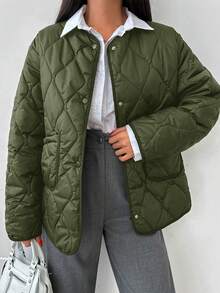 SHEIN Abrigo Acolchado Con Hombros Caídos Y Doble Bolsillo - Verde militar - Ver 3