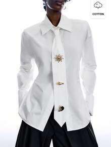 LYSMO Women's Solid Color Metal Decor Casual Elegant Versatile Daily Outing Office Shirt Teachers' Day White Autumn - White - View 5
