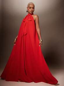 Vixey Elegant Chiffon Bow Tie Halter Neck A Line Maxi Statement Dress, Wedding Guest, Cocktail Hour, Special Occasion, Evening, Date Night - Red - View 4