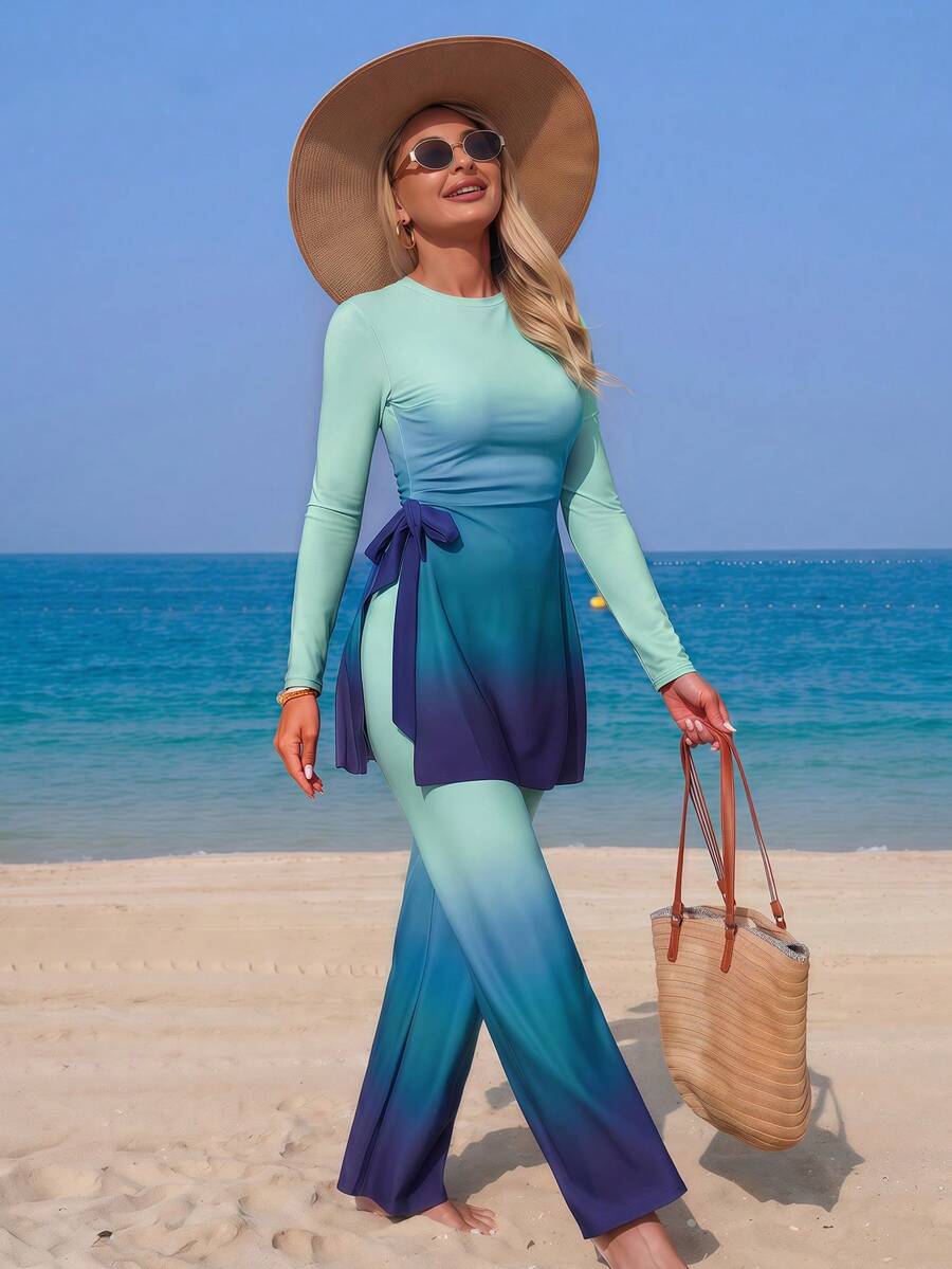 Swim Mulvari Turquoise Gradient Loose Two Pieces Set, Gradient Design Wide Leg Pants, Flattering Slimming Slouchy Outfit Beach Summer Modest - Multicolor - View 1