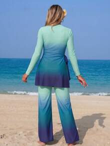 Swim Mulvari Turquoise Gradient Loose Two Pieces Set, Gradient Design Wide Leg Pants, Flattering Slimming Slouchy Outfit Beach Summer Modest - Multicolor - View 2