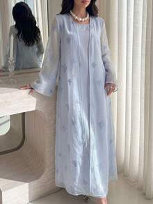 Yasmyna Elegant Organza Butterfly Embroidered Long Sleeve Vest Dress Abaya For Women - Blue - View 9