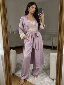 DAZY 3pcs Romantic Elegant Wedding Satin & Lace Patchwork Robe, Camisole & Pants Sleepwear Set For Women - Pink - View 8