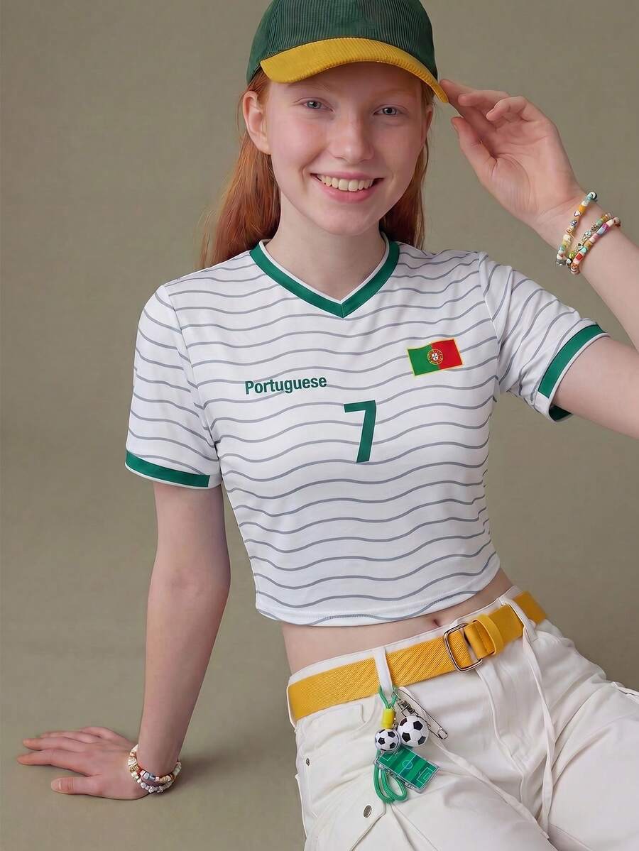 Elnivra 2026 Fußball-Weltmeisterschaft Portugal Fußballtrikot Stil Damen Crop Top Grün und Weiß gestreiftes Muster T-Shirt Sommer Streetwear Lässig Schule - Weiss - Übersicht 1