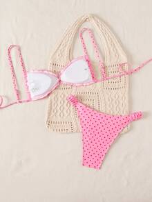 Swim Mod Spring/Summer Polka Dot Print Bikini Swimsuit For Women, Sexy Beach Vacation Swimwear With Double Shoulder Straps - Pink - View 2