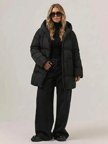 SHEIN Cottnline Drop Shoulder Hooded Puffer Coat - Black - View 1