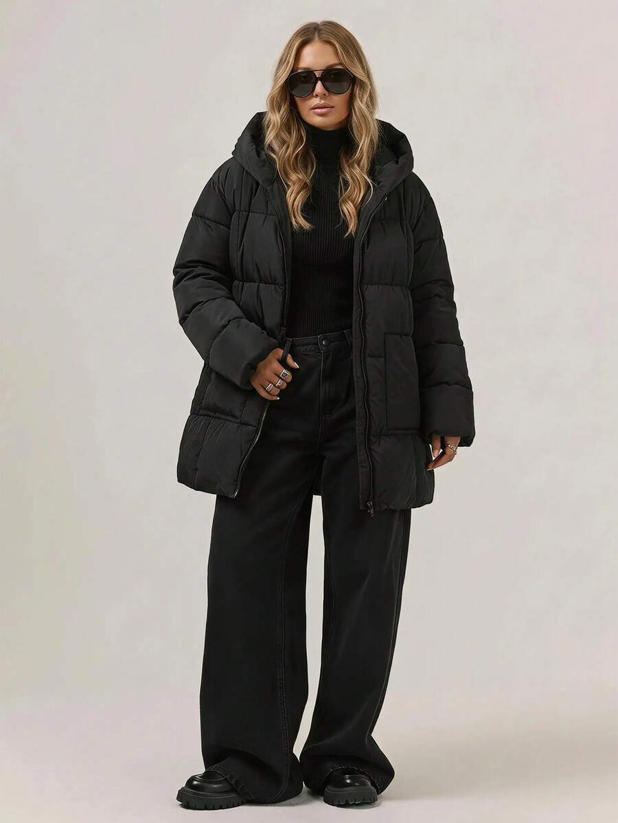 SHEIN Cottnline Drop Shoulder Hooded Puffer Coat - Black - View 1