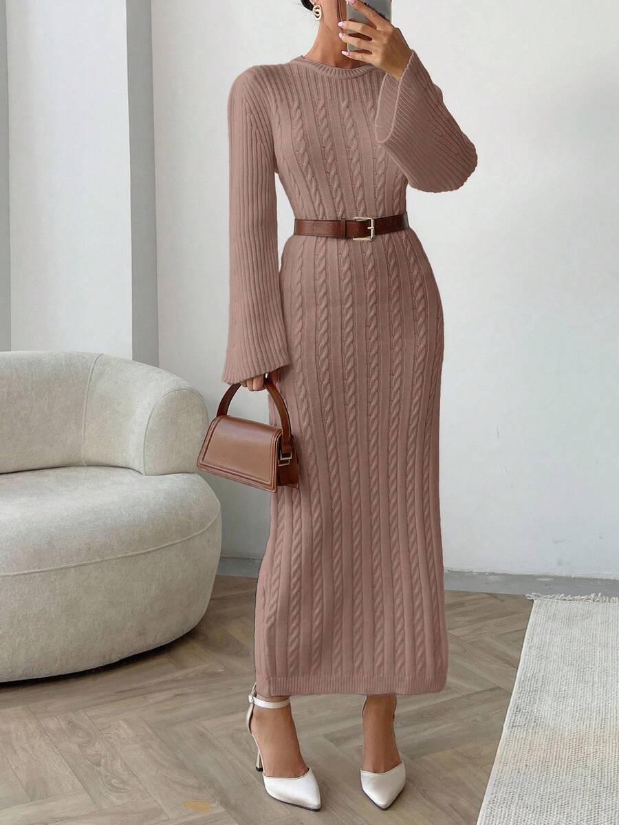 EURMUSE Cable Pattern Sweater Dress Fall Winter - Rusty Rose - View 1