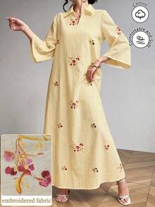 Al Najma 黃色鏤空刺繡休閒長洋裝，附領口設計 - 黃色 - 查看 5