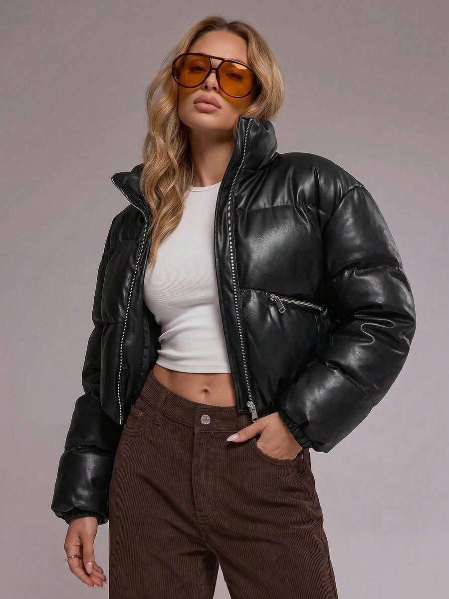 RueChic Stand Neck Double Metal Zipper Drawstring Hem Faux Leather Puffer Down Jacket - Black - View 1
