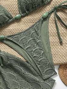Costavie Women's Spring/Summer Jacquard Fabric Halter Neck Beaded Decor Bikini Set With Skirt Beach Party Olive Green Sexy Tropical - Army Green - View 5