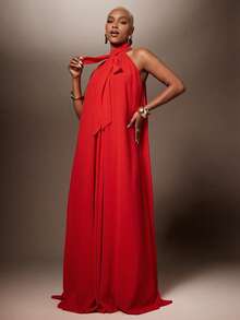 Vixey Elegant Chiffon Bow Tie Halter Neck A Line Maxi Statement Dress, Wedding Guest, Cocktail Hour, Special Occasion, Evening, Date Night - Red - View 2