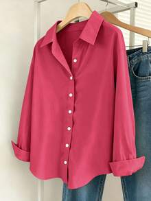 INAWLY Women's Casual Versatile Solid Color Long Sleeve Shirt - Rose Red - View 1