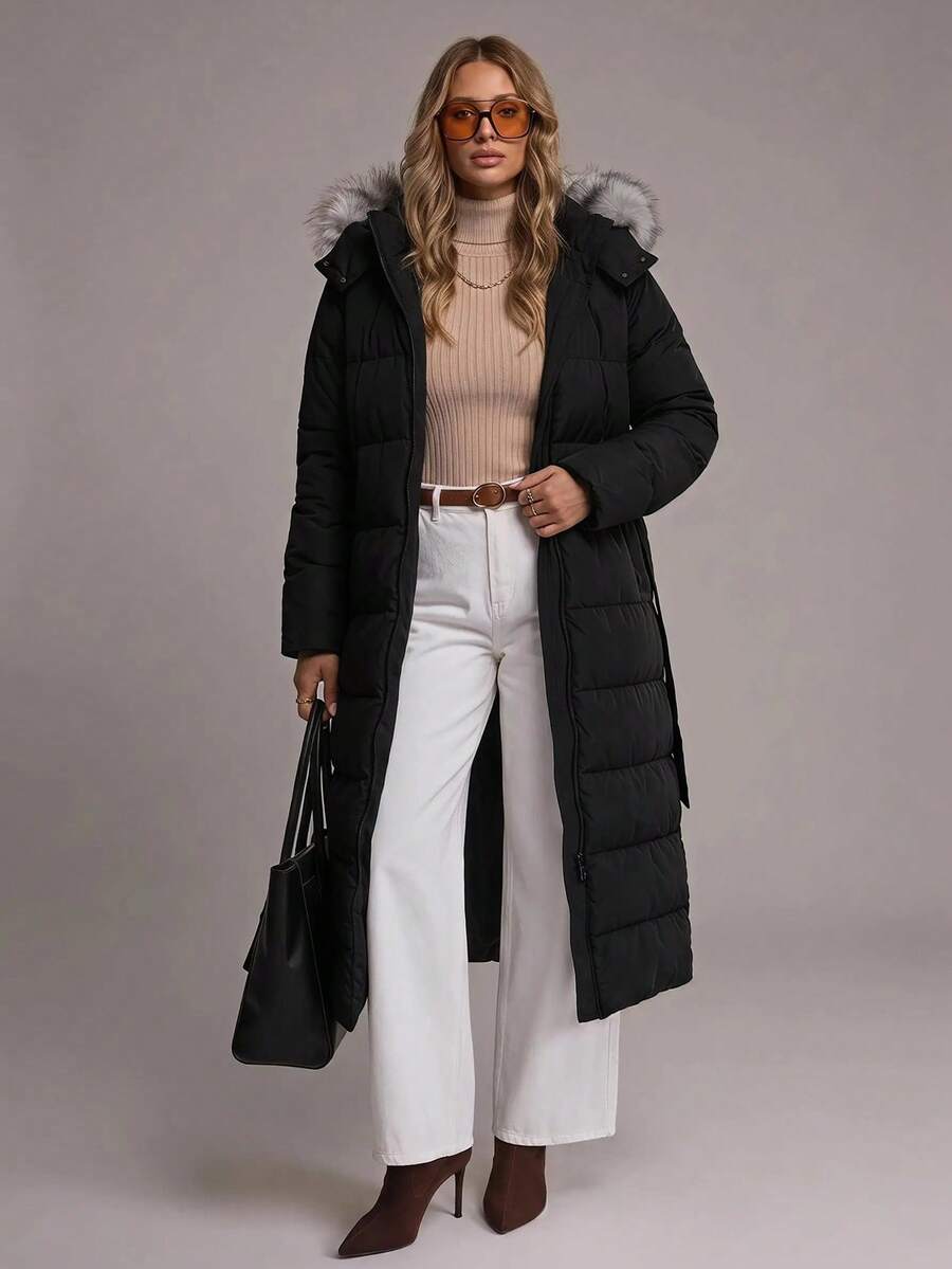 RueChic Slant Pocket Zip Fly Hooded Padded Coat - Black - View 1