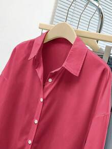 INAWLY Women's Casual Versatile Solid Color Long Sleeve Shirt - Rose Red - View 3