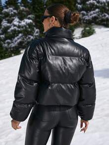 RueChic Stand Neck Double Metal Zipper Drawstring Hem Faux Leather Puffer Down Jacket - Black - View 4
