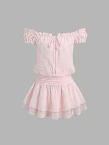Sweetra Summer Fashion Sweet Pink Off-Shoulder Short Sleeve Double Layer Hem Gentle Style Women's Short Dress Suitable For Date And Casual Vacation - Pink - View 1