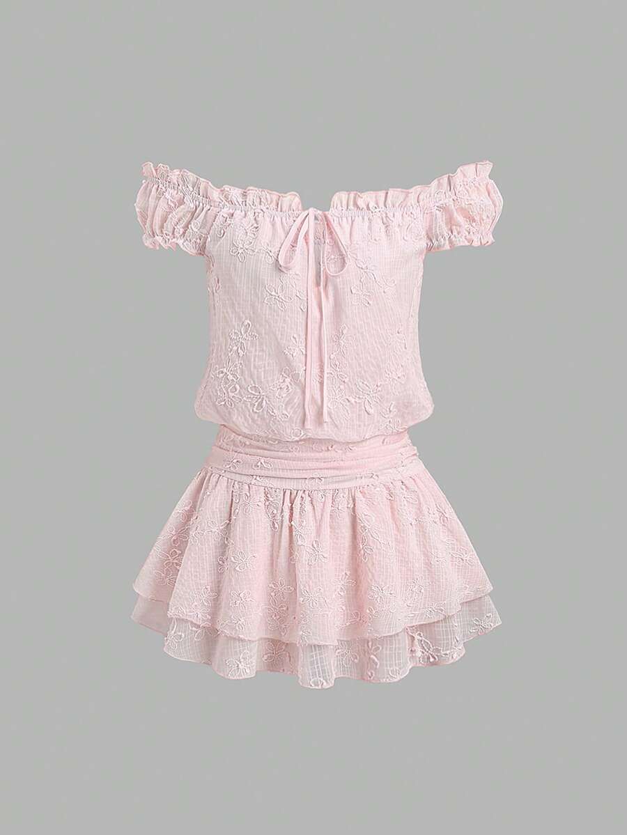 Sweetra Summer Fashion Sweet Pink Off-Shoulder Short Sleeve Double Layer Hem Gentle Style Women's Short Dress Suitable For Date And Casual Vacation - Pink - View 1