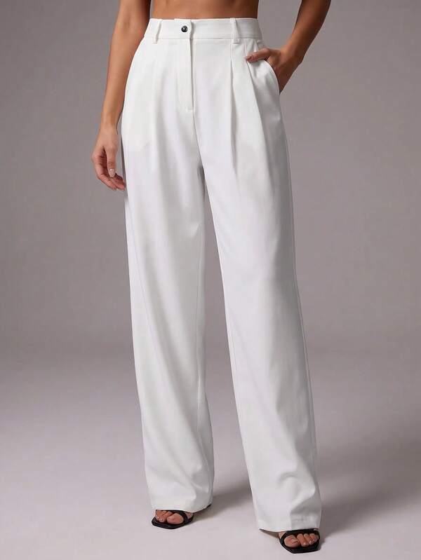 RueChic High Waist Plicated Detail Wide Leg Suit Pants
