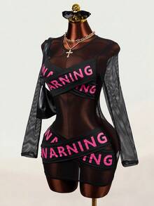 Mistrie Women's Letter Print Criss-Cross Contrast Color Sexy Mesh Sheer Long Sleeve Hot Girl Dress - Black - View 5