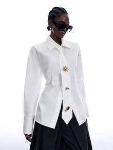 LYSMO Women's Solid Color Metal Decor Casual Elegant Versatile Daily Outing Office Shirt Teachers' Day White Autumn - White - View 4