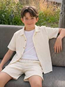 Tween Boy Solid Color Short Sleeve Single-Breasted Shirt And Shorts Casual Set - Multicolor - View 6