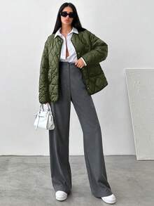 SHEIN Abrigo Acolchado Con Hombros Caídos Y Doble Bolsillo - Verde militar - Ver 6