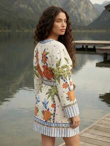 CAJUNI Vestido mini casual de vacaciones con estampado floral & de árbol de coco para mujer - Multicolor - Ver 2