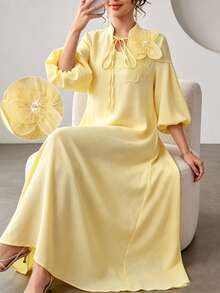 Yasmyna Yellow Sweet Lantern Sleeve Tie-Waist Loose Flowy Elegant Holiday Dress For Women - Yellow - View 2