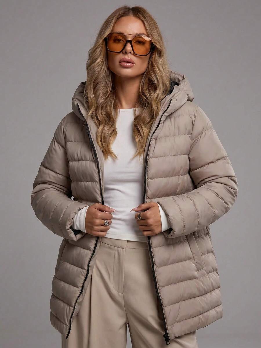 RueChic Abrigo acolchado con cremallera con capucha - Camel - Ver 1
