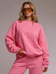 RueChic Solid Mock Neck Drop Shoulder Pullover - Pink - View 3