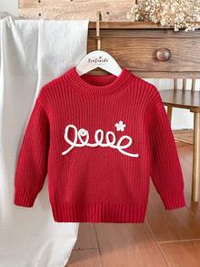 SHEIN 女童紅色刺繡花卉圖案長袖套頭毛衣，適合秋冬穿著，可搭配棉襖與外套 - 紅色 - 查看 4