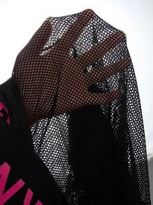 Mistrie Women's Letter Print Criss-Cross Contrast Color Sexy Mesh Sheer Long Sleeve Hot Girl Dress - Black - View 7