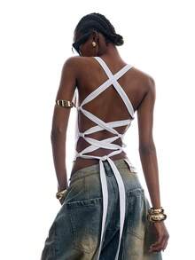 LYSMO Women's Lace-Up Backless Square Neck Solid Color Tank Top Club Night White Summer Sexy - White - View 9