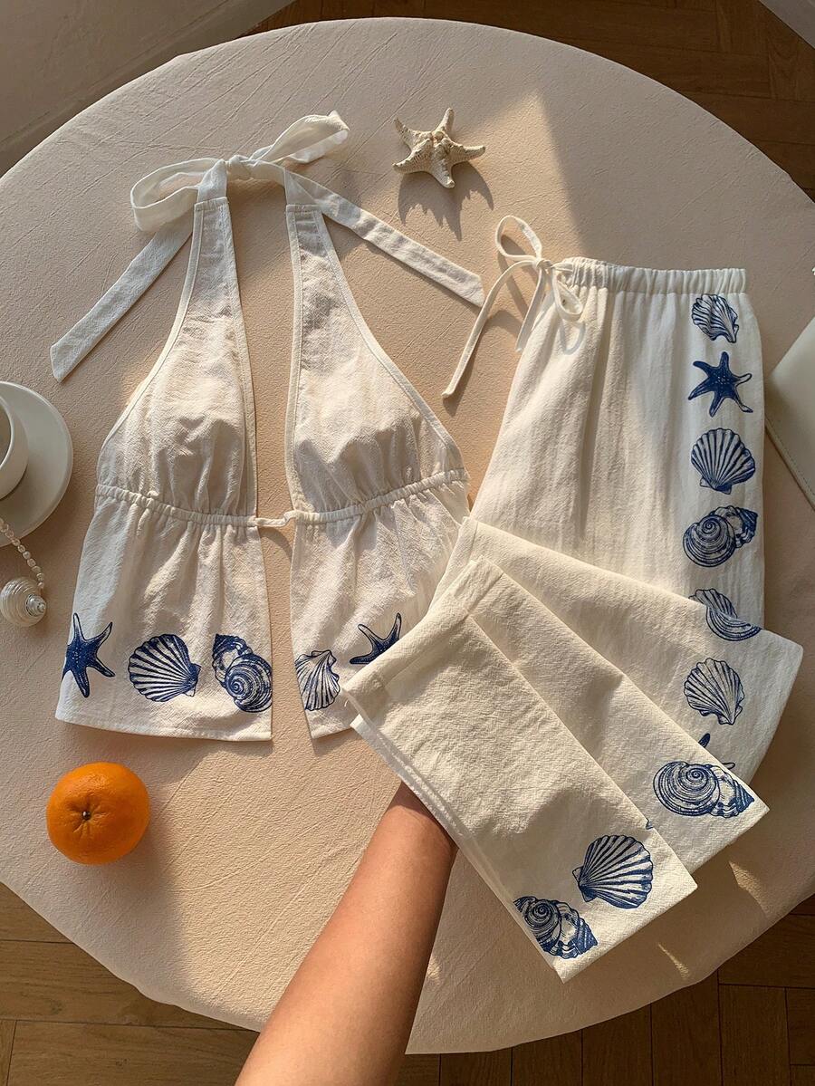 Comfortcana Conjunto de 2 piezas con elementos oceánicos, de tirantes y espalda descubierta, para mujer - Blanco - Ver 1