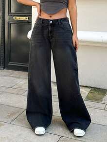 RueChic LOW WAIST WIDELEG RAW EDGE DETAIL AND CUTLINE ON SIDE SEAM - Black - View 2