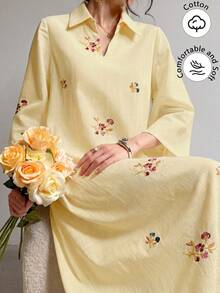 Al Najma 黃色鏤空刺繡休閒長洋裝，附領口設計 - 黃色 - 查看 2