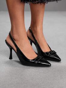 CUCCOO SZL Elegant Women's Black Patent Leather Pointed Toe Slingback Pumps With Chain Detail Kitten Heels - Black - View 3