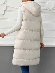 RueChic Zip Up Drawstring Hooded Puffer Vest Coat - Beige - View 4