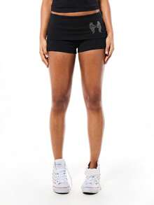SUMWON WOMEN Angel Wings Rhinestone Booty Shorts With Folded Waistband And Sparkle Script Detail - Black - View 4