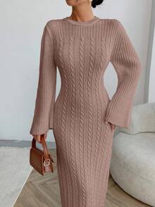 EURMUSE Cable Pattern Sweater Dress Fall Winter - Rusty Rose - View 2