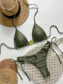 Swim Vcay Springbreak Women's Summer Solid Color Spaghetti Strap Metal Shell Decor Side Tie Minimalist Bikini Set - Army Green - View 2