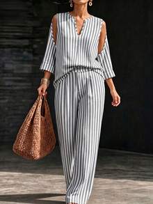 SHEIN LUNE CURVE 大尺碼休閒寬鬆極簡灰色小V領不對稱袖上衣與寬腿褲兩件套 秋季海灘度假秋季 - 黑與白 - 查看 3