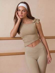 Eassivo Eassivo Women's Solid Color Tie-Up Asymmetrical Neckline Cropped Pleated Sports Tank Top - Khaki - View 1