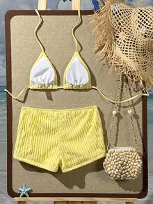 Swim SXY Set Bikini 2 Potong Model Halter dengan Motif Bintang Laut dan Kain Bertekstur Warna-warni Kuning Pucat Terbaru untuk Musim Semi/Panas, Cocok untuk Wanita Liburan Pantai - Angsa kuning - View 4