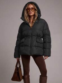 RueChic Padded Coat With Hood, Adjustable Waist, Two Side Pockets, Zipper - Black - View 1