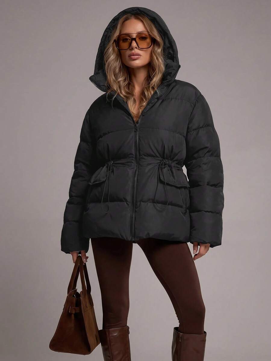 RueChic Padded Coat With Hood, Adjustable Waist, Two Side Pockets, Zipper - Black - View 1