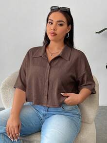 CovetEZ 大尺碼女款純色單排扣休閒短版襯衫 - 棕色 - 查看 5