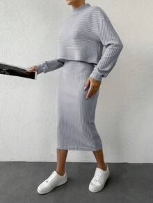 SHEIN Cottnline Plain Ribbed Knitted Casual Two-Piece Set - Grey - View 5