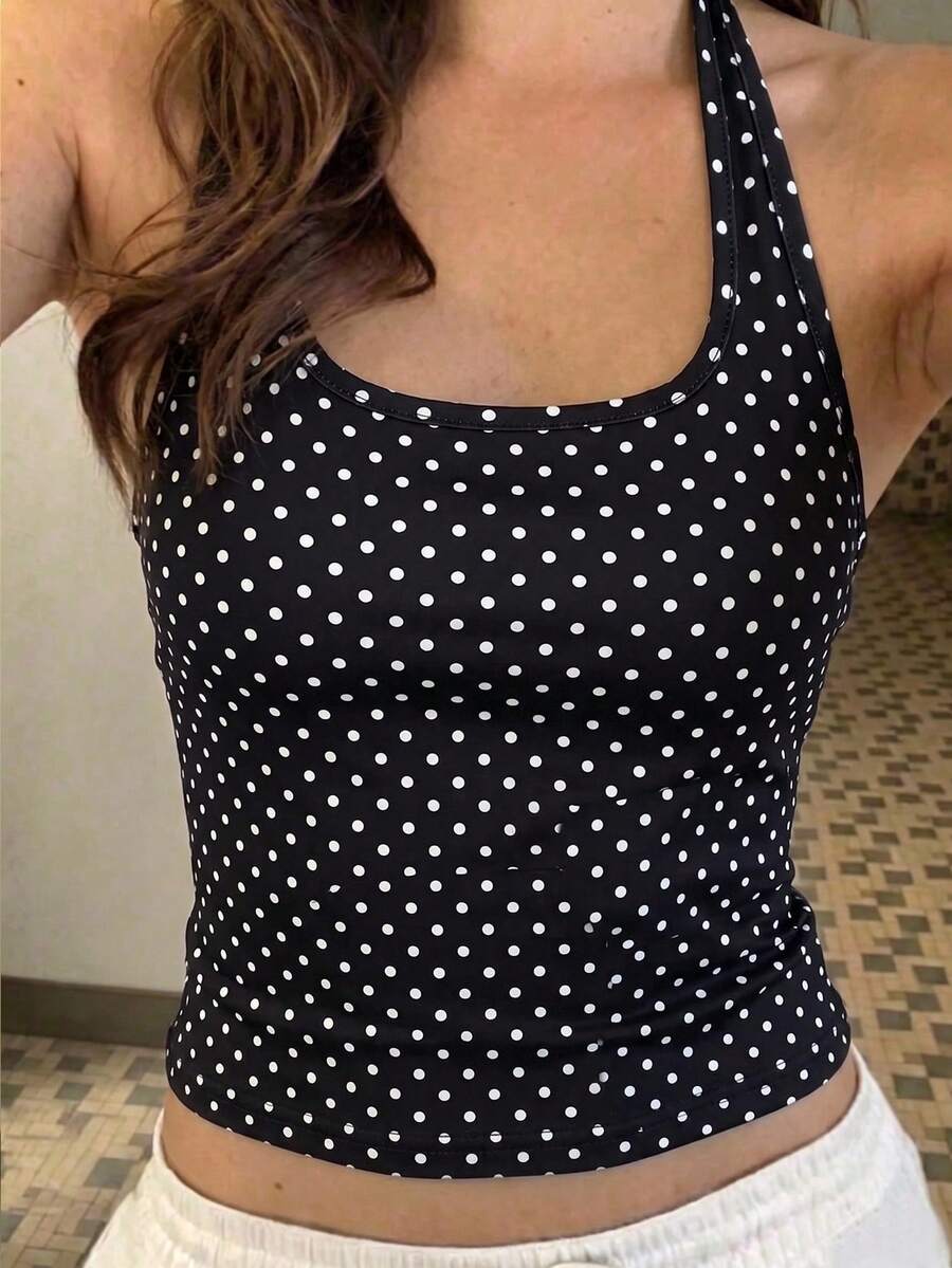 SHEIN Atasan Polkadot Tanpa Punggung untuk Remaja Putri, Desain Leher Persegi dan Tanpa Punggung, Elastisitas Tinggi, Pas Badan, Modis, Serbaguna untuk Berbagai Kesempatan seperti Liburan, Pakaian Sehari-hari, dan Olahraga, Item Segar dan Serbaguna yang Penting untuk Musim Panas - Hitam dan Putih - View 1